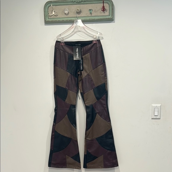 Dolls Kill Faux Leather Brown Merlot Black Patchwork Flare Pants medium lace up - Picture 1 of 5